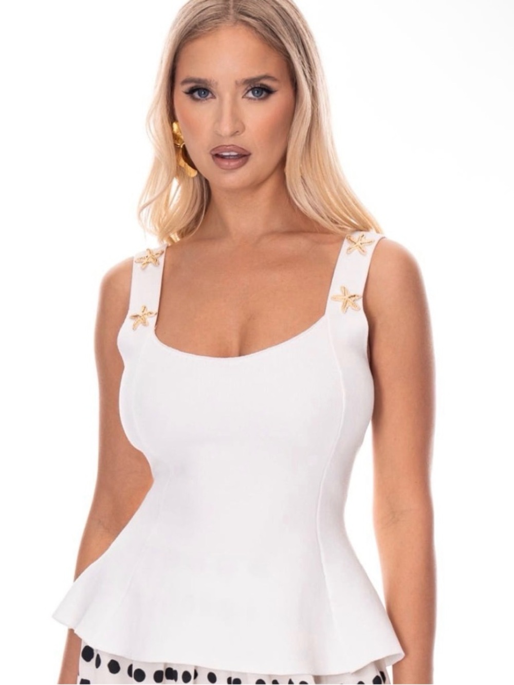 White Peplum Bandage Tank Top with Gold Star Embellishments NWT
